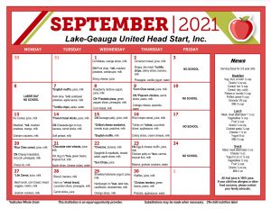 Lake-Geauga United Head Start September 2021 Meal Menu